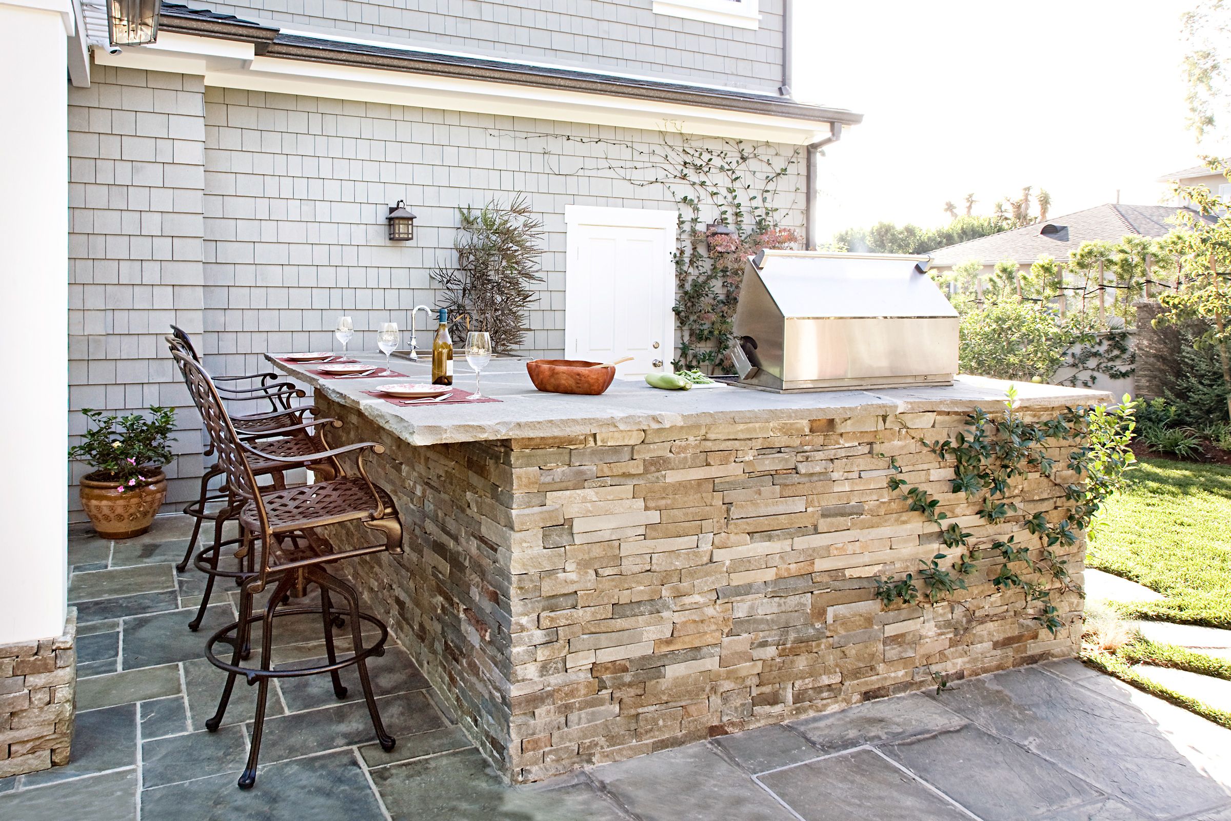 An outdoor kitchen made of stone.