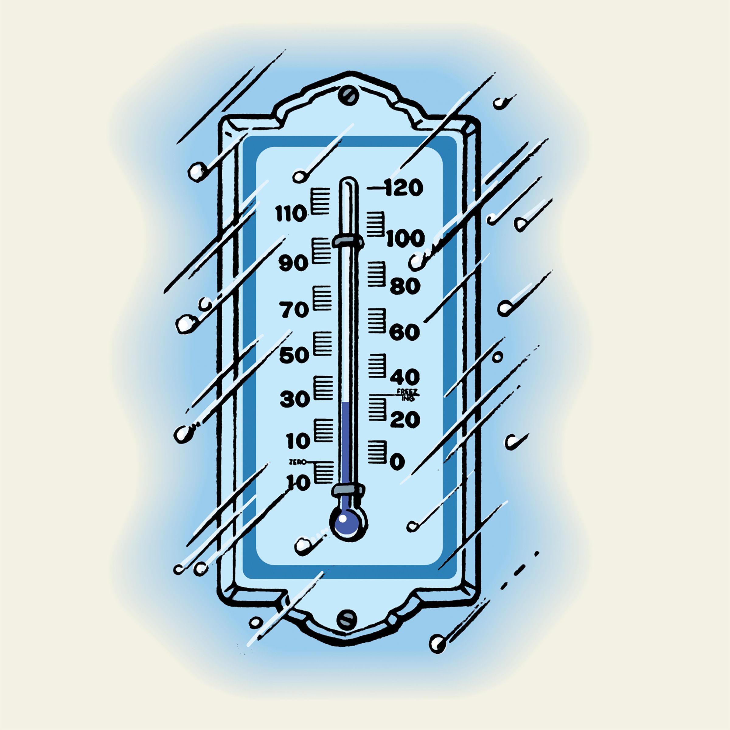 An illustration of a thermometer freezing in the winter.