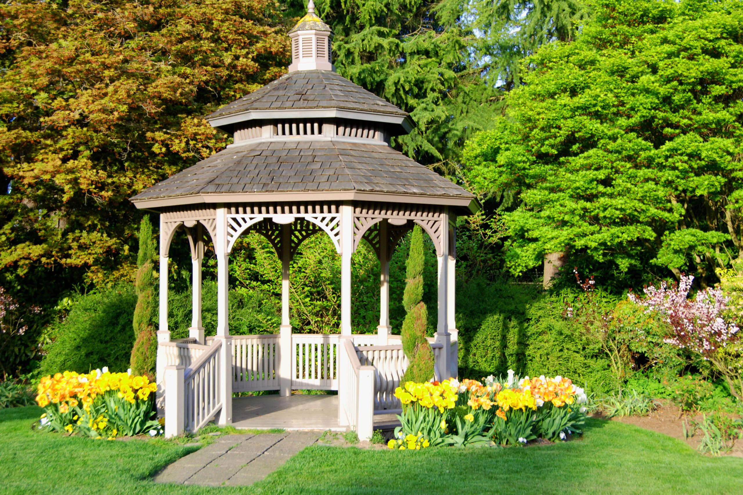 A white Gazebo with a stone path leading up to it, surrounded by yellow flowers.