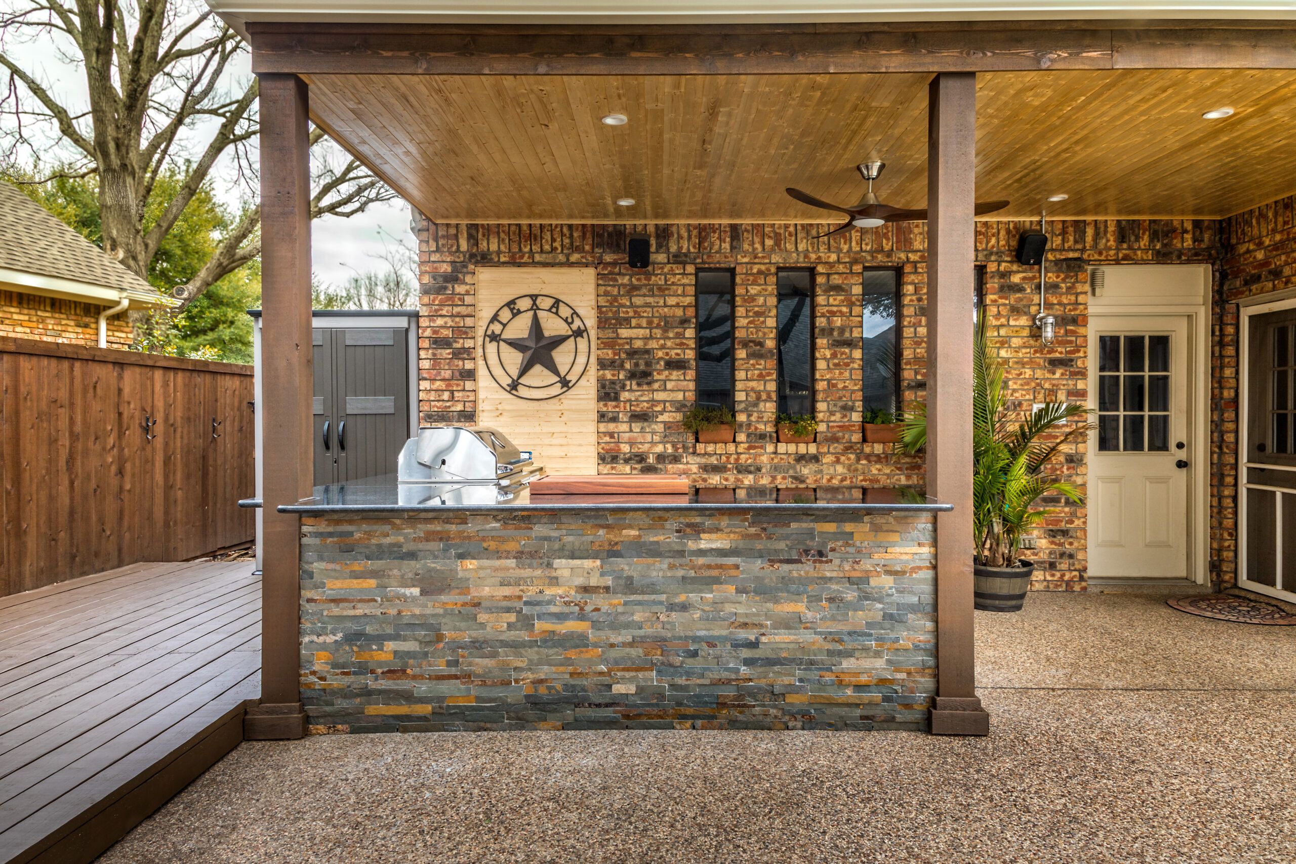 A covered outdoor kitchen.