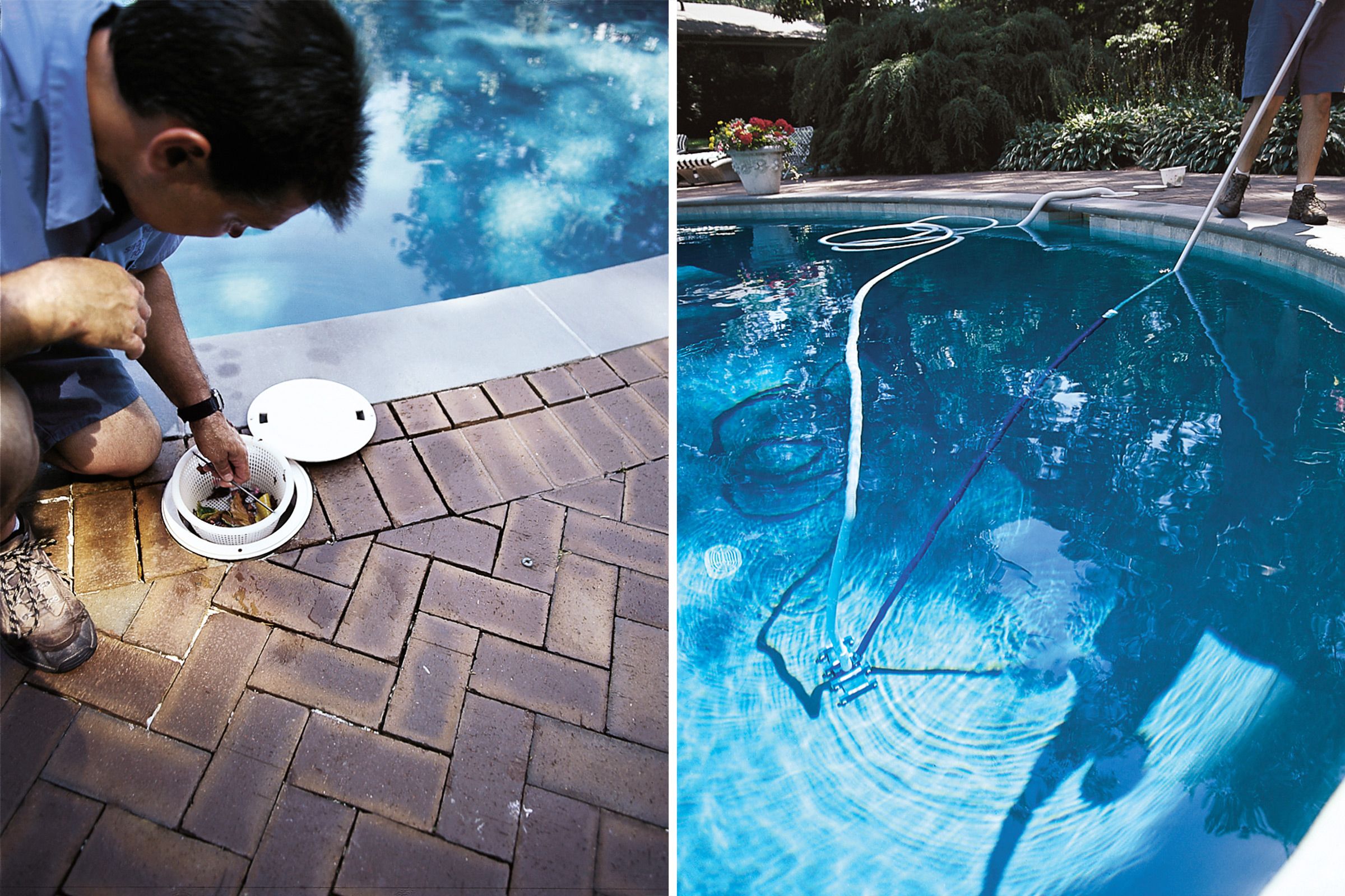 A person cleaning and maintaining a pool.