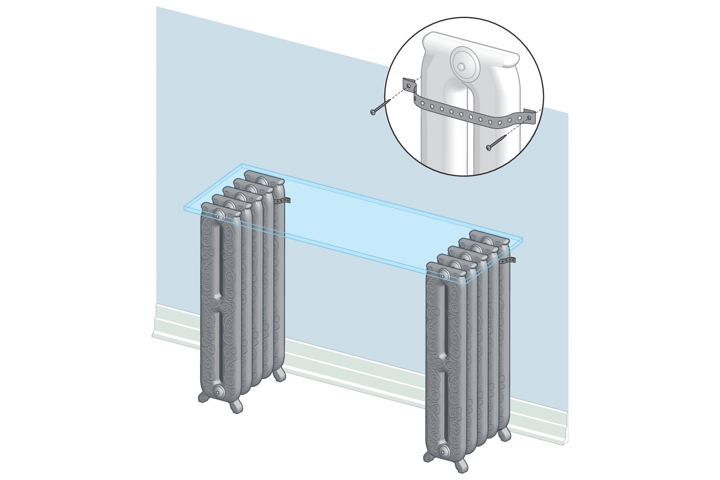 Some radiators, like this steam model from the late 1800s, have flat grilles on top that are both decorative and useful for drying damp clothes or warming a kettle to humidify a room.