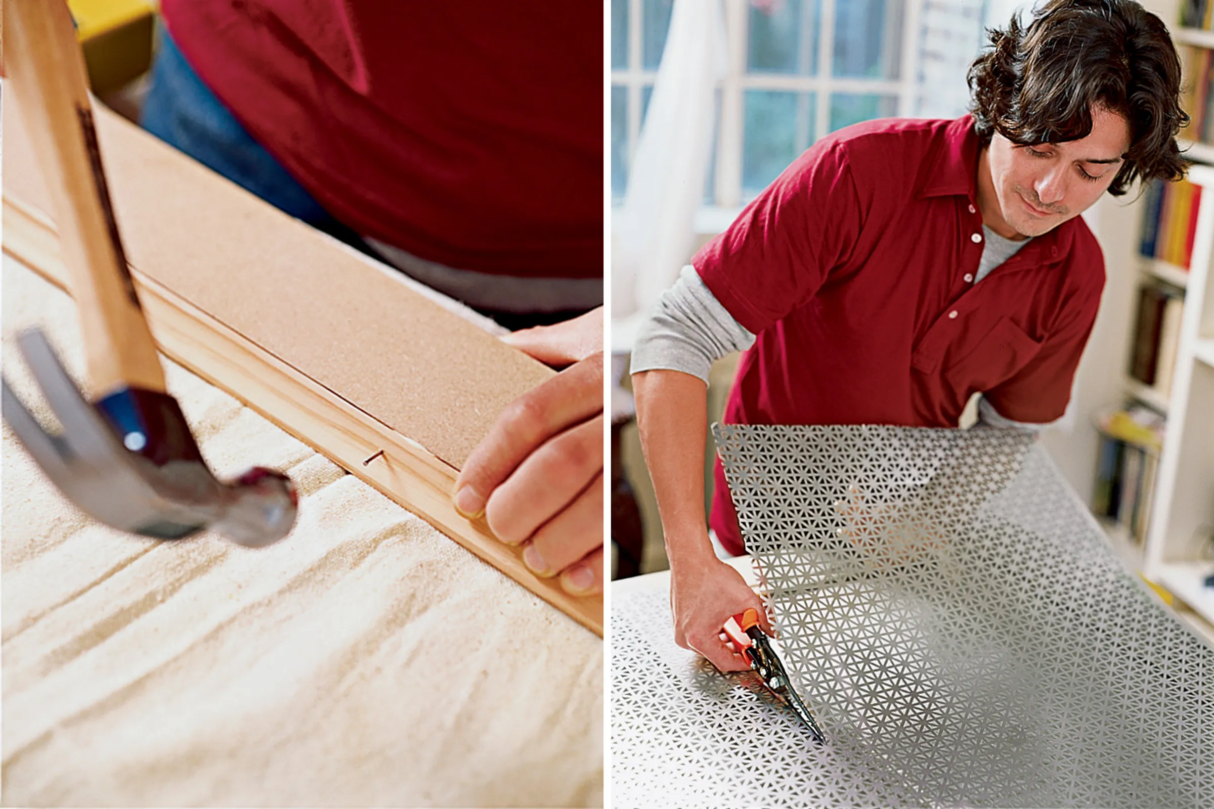 Image of step 3 and 4 of the DIY Radiator Cover Cabinet project, which involves attaching the trim and cutting the screen