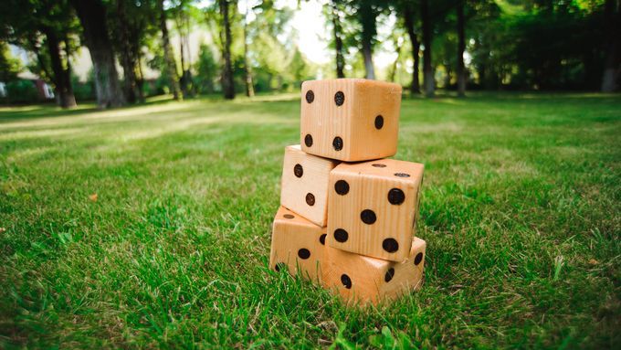 large lawn dice stacked up