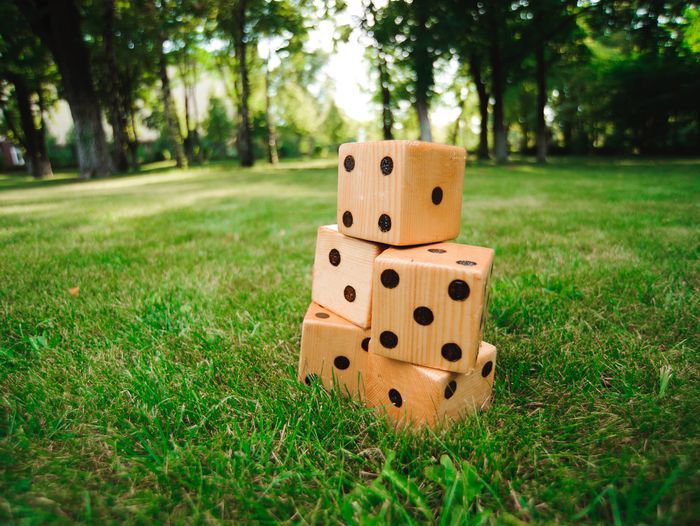 large lawn dice stacked up