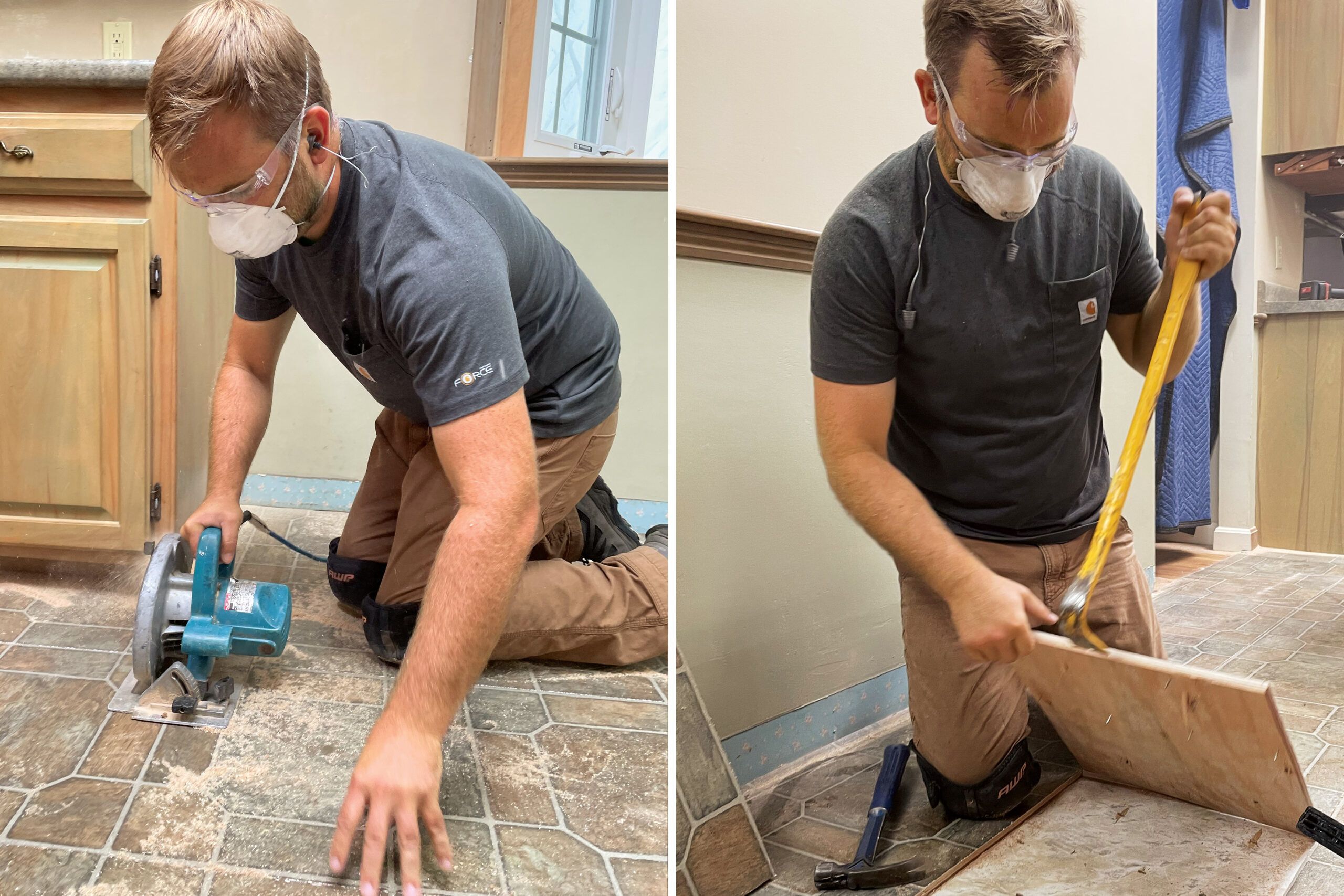 A man cuts and pries up old kitchen flooring in order to put down vinyl plank flooring.