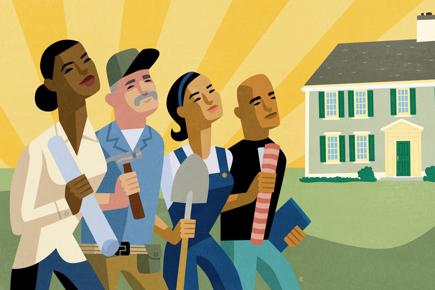 An illustration of a home renovation team in front of a house.