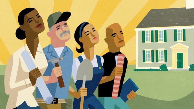 An illustration of a home renovation team in front of a house.