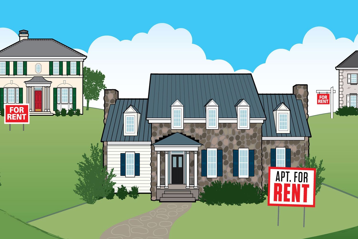 an illustration of a home with a for rent sign out front