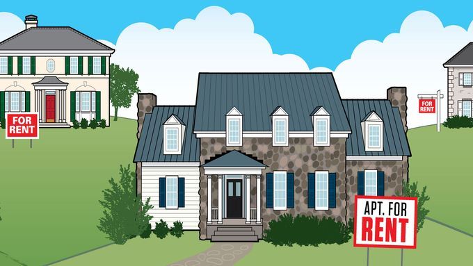 an illustration of a home with a for rent sign out front