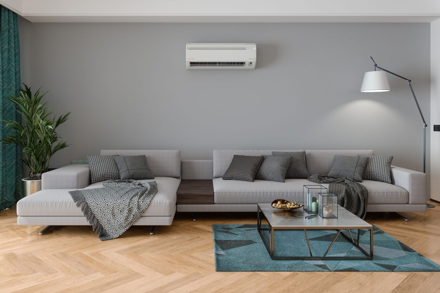 A room kept cool by an air conditioning unit.