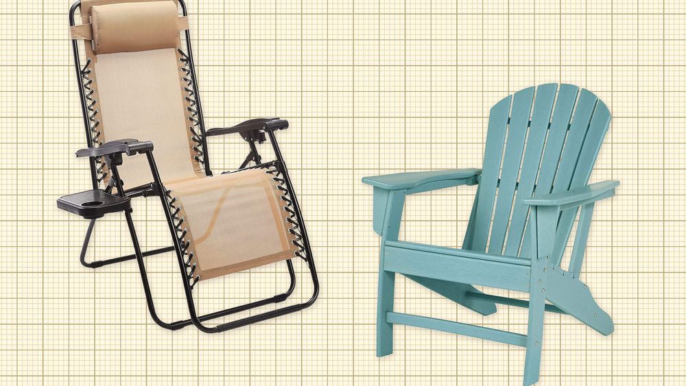 Amazon Basics Zero-Gravity Folding Chair and Signature Design by Ashley Outdoor Patio Adirondack Chair isolated on a yellow graph paper background