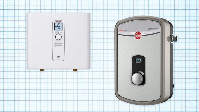 Stiebel Eltron Tankless Water Heater and Rheem Tankless Electric Water Heater isolated on a white grid paper background with blue lines; lead image for the best tankless water heaters buying guide