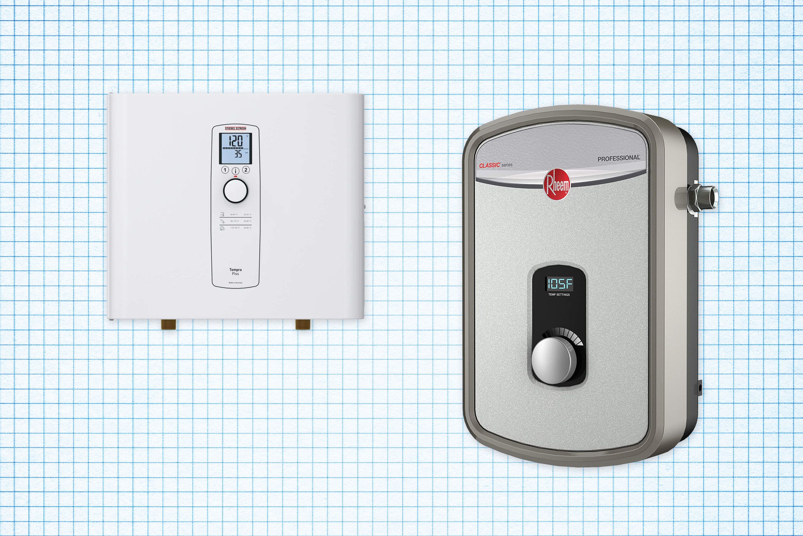 Stiebel Eltron Tankless Water Heater and Rheem Tankless Electric Water Heater isolated on a white grid paper background with blue lines; lead image for the best tankless water heaters buying guide