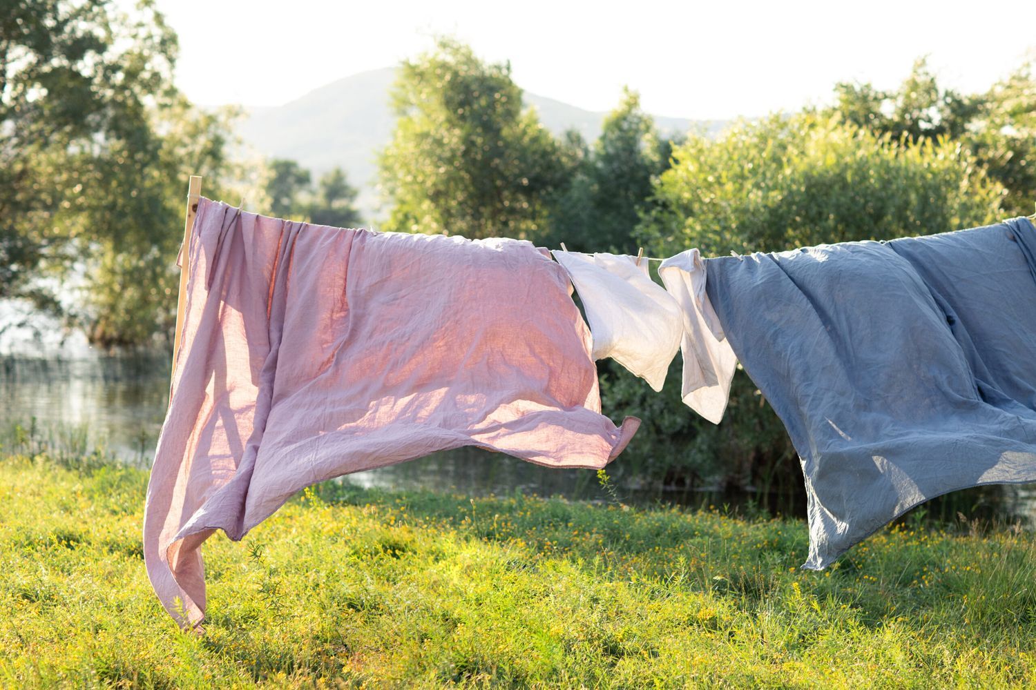 Laundry hanging outside on a line to dry.