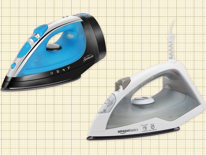Sunbeam Steammaster Steam Iron and Amazon Basics Teflon Soleplate Steam Iron isolated on a yellow grid paper background. Lead image for Best Irons review and guide.