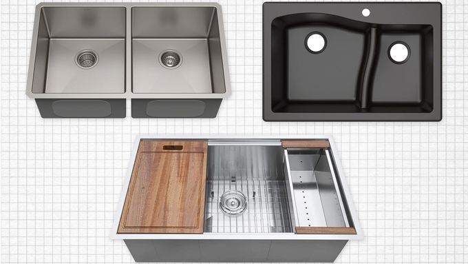Three double basin kitchen sinks against a grey graph paper background. Lead image for the best kitchen sink guide