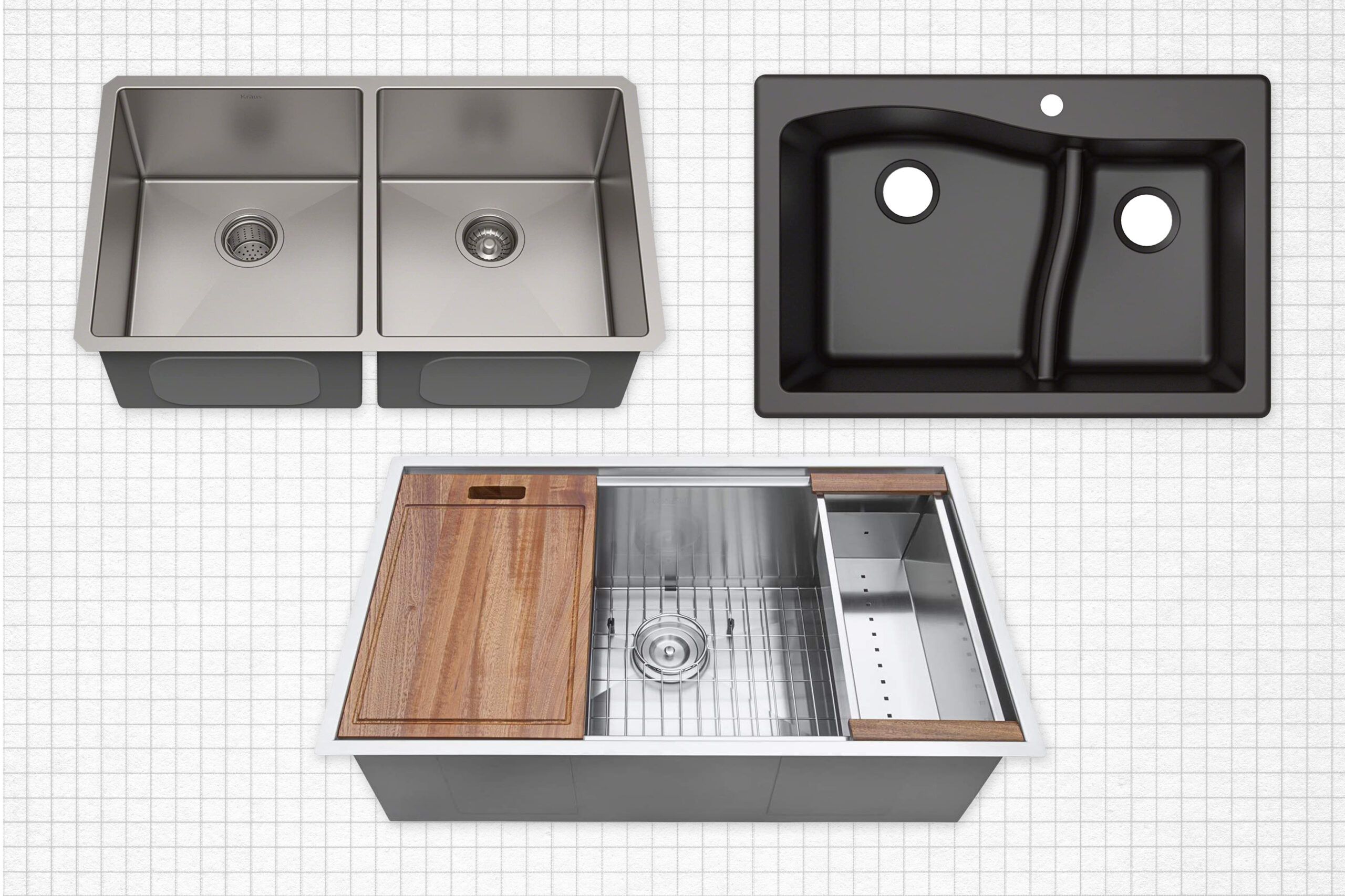Three double basin kitchen sinks against a grey graph paper background. Lead image for the best kitchen sink guide