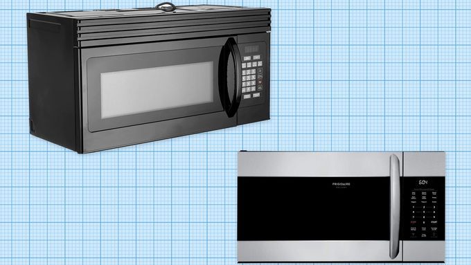 BLACK + DECKER Over-the-Range Microwave and FRIGIDAIRE SmudgeProof Over-the-Range Microwave isolated on a blue grid paper background. Lead image for the Best Over-the-Range Microwaves Guide.