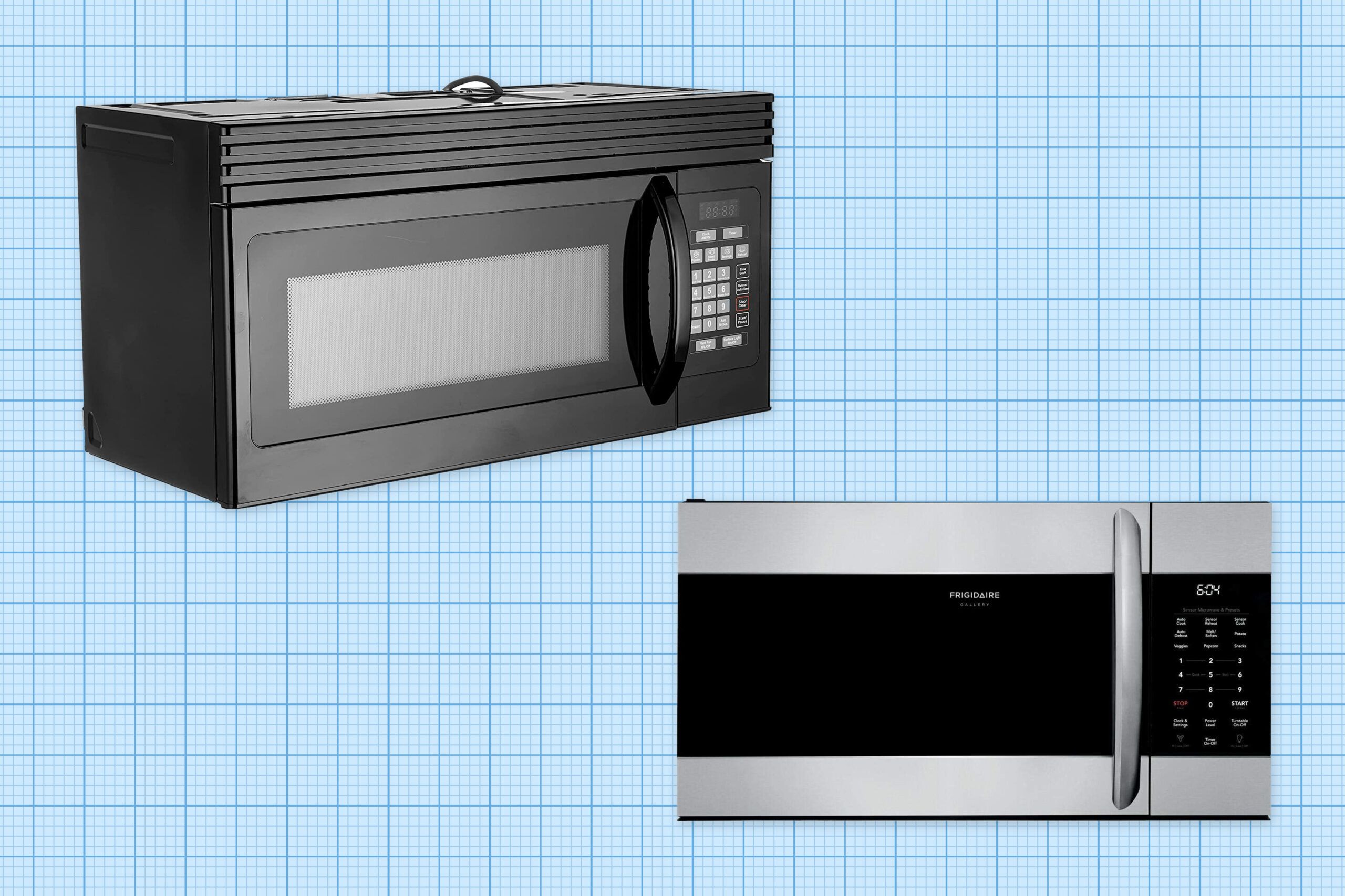 BLACK + DECKER Over-the-Range Microwave and FRIGIDAIRE SmudgeProof Over-the-Range Microwave isolated on a blue grid paper background. Lead image for the Best Over-the-Range Microwaves Guide.