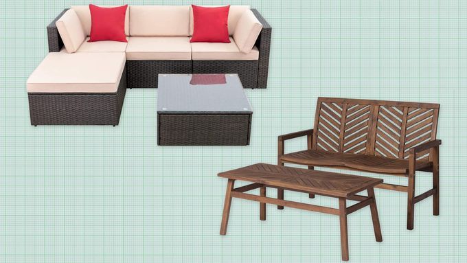 Walker Edison Outdoor Patio Furniture Dining Set and Devoko Patio Furniture Set isolated on a green grid paper background. Lead image for Best Patio Furniture Sets (2023 Guide).