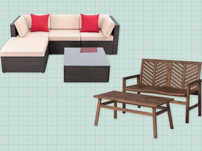 Walker Edison Outdoor Patio Furniture Dining Set and Devoko Patio Furniture Set isolated on a green grid paper background. Lead image for Best Patio Furniture Sets (2023 Guide).