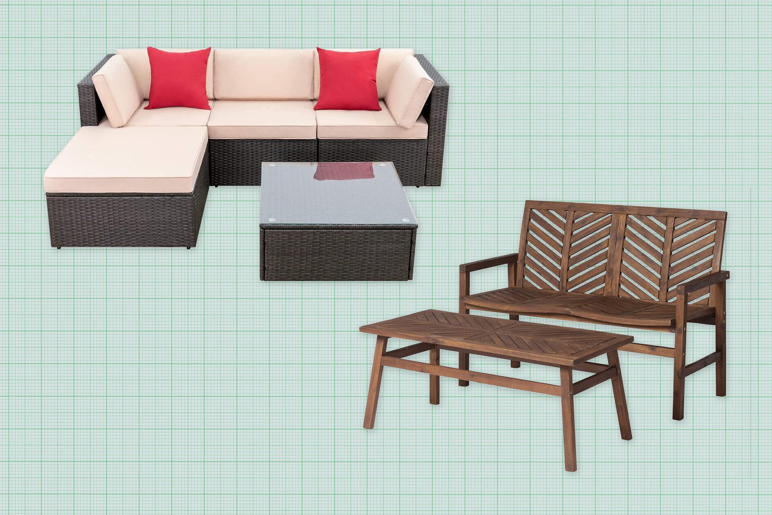 Walker Edison Outdoor Patio Furniture Dining Set and Devoko Patio Furniture Set isolated on a green grid paper background. Lead image for Best Patio Furniture Sets (2023 Guide).