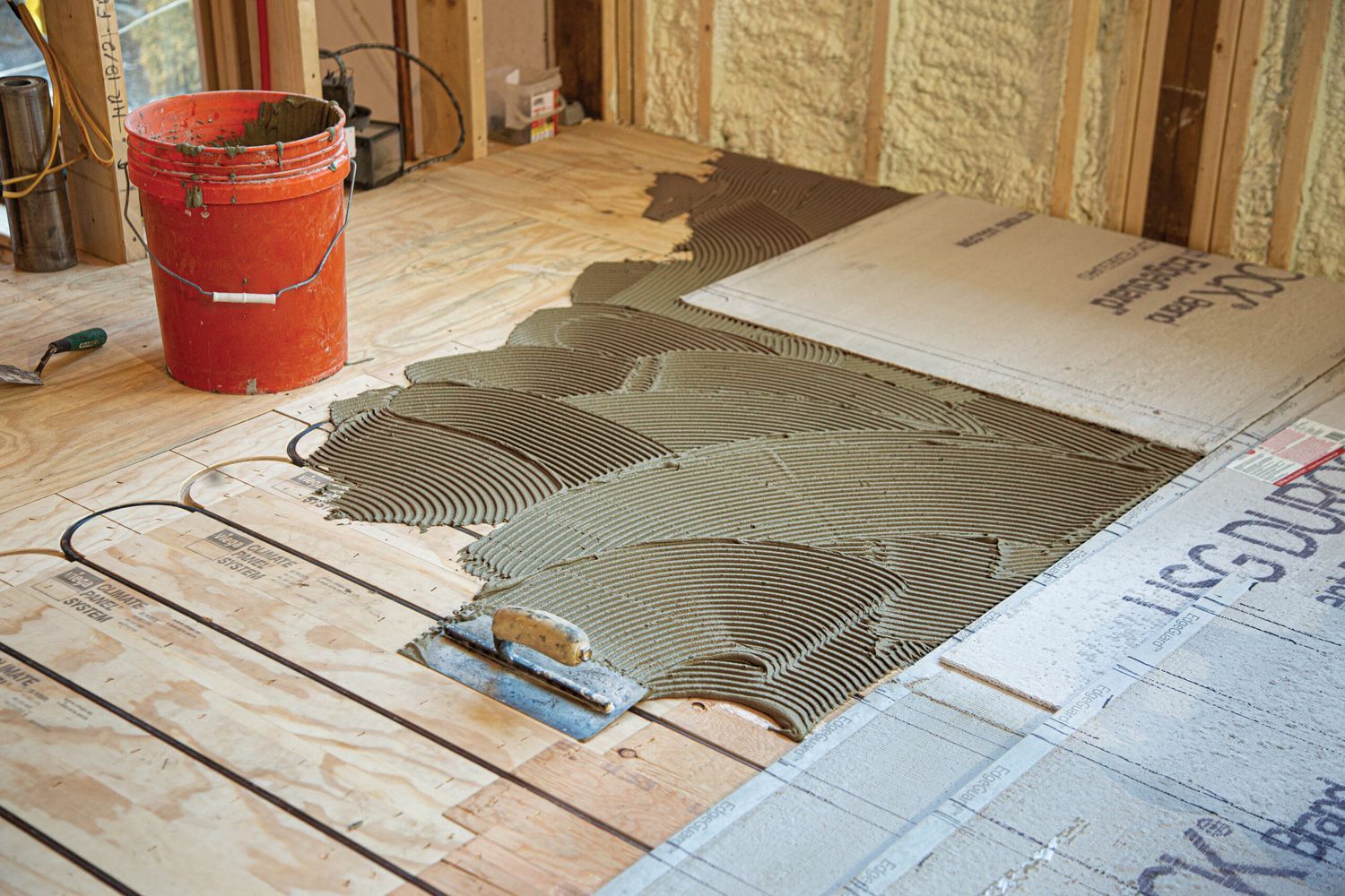 A radiant heating system being installed.