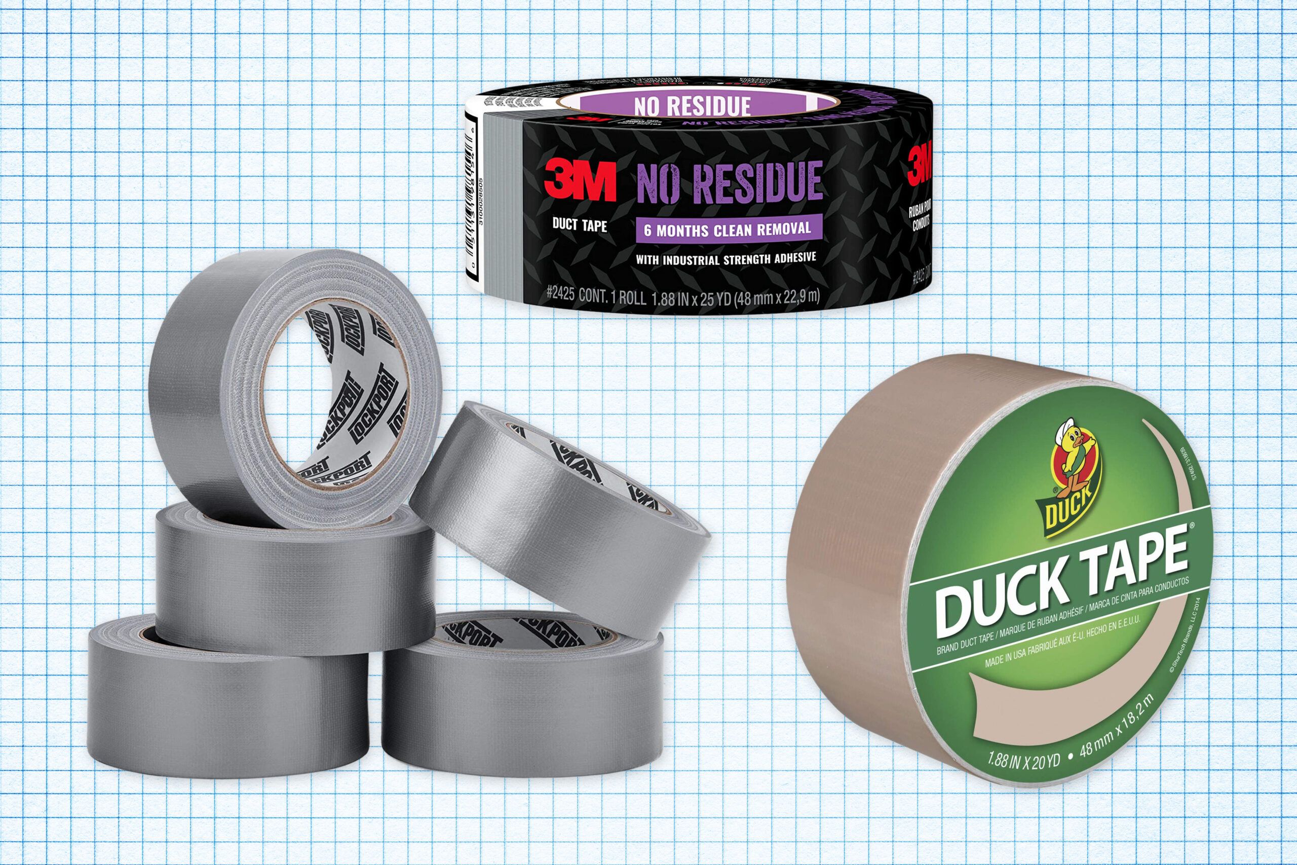 Lockport Duct Tape, Duck Duct Tape, and 3M Duct Tape isolated on a white grid paper background with blue stripes
