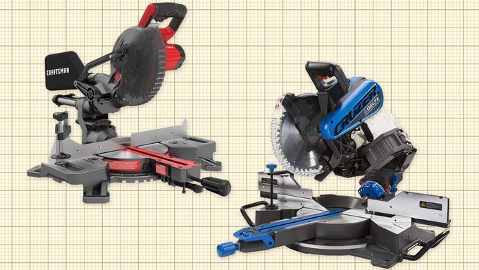 Delta Sliding Compound Miter Saw and CRAFTSMAN Sliding Miter Saw Kit isolated on a yellow grid paper background. Lead image for Best Miter Saws guide.