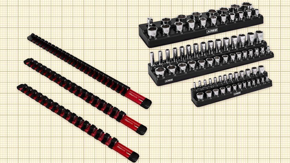 Olsa Tools Socket Holders and ARES Magnetic Socket Organizer Set isolated on a yellow grid paper background