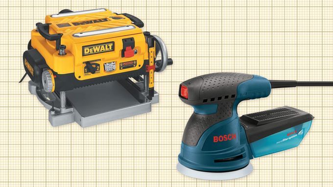 DEWALT Thickness Planer and Bosch Palm Sander isolated on a yellow grid paper background