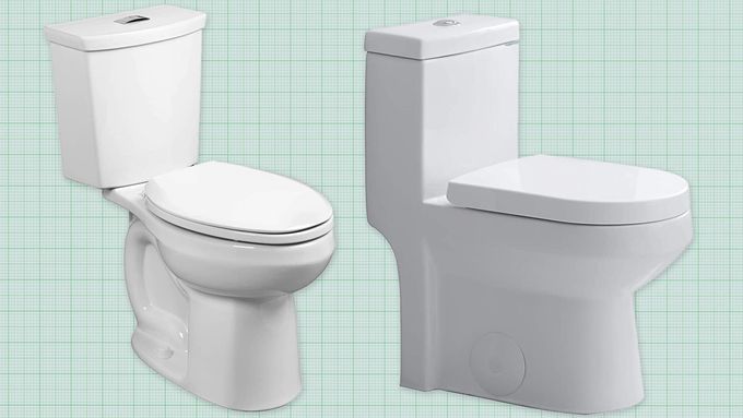 American Standard Elongated Toilet, HOROW One-Piece Short Compact Toilet isolated on a green grid paper background