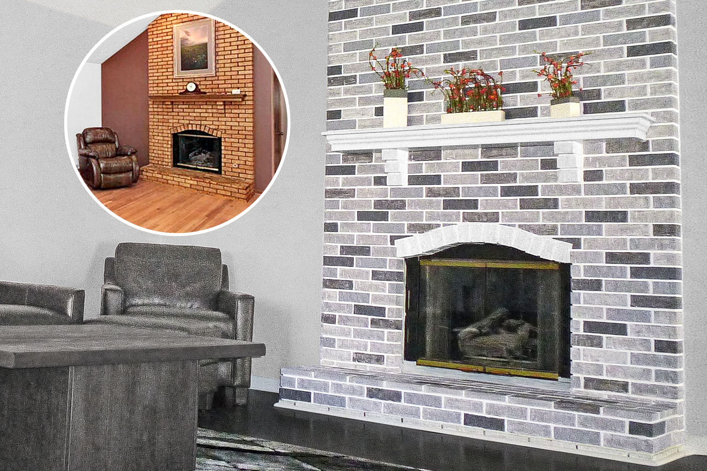 Refreshed fireplace, before and after