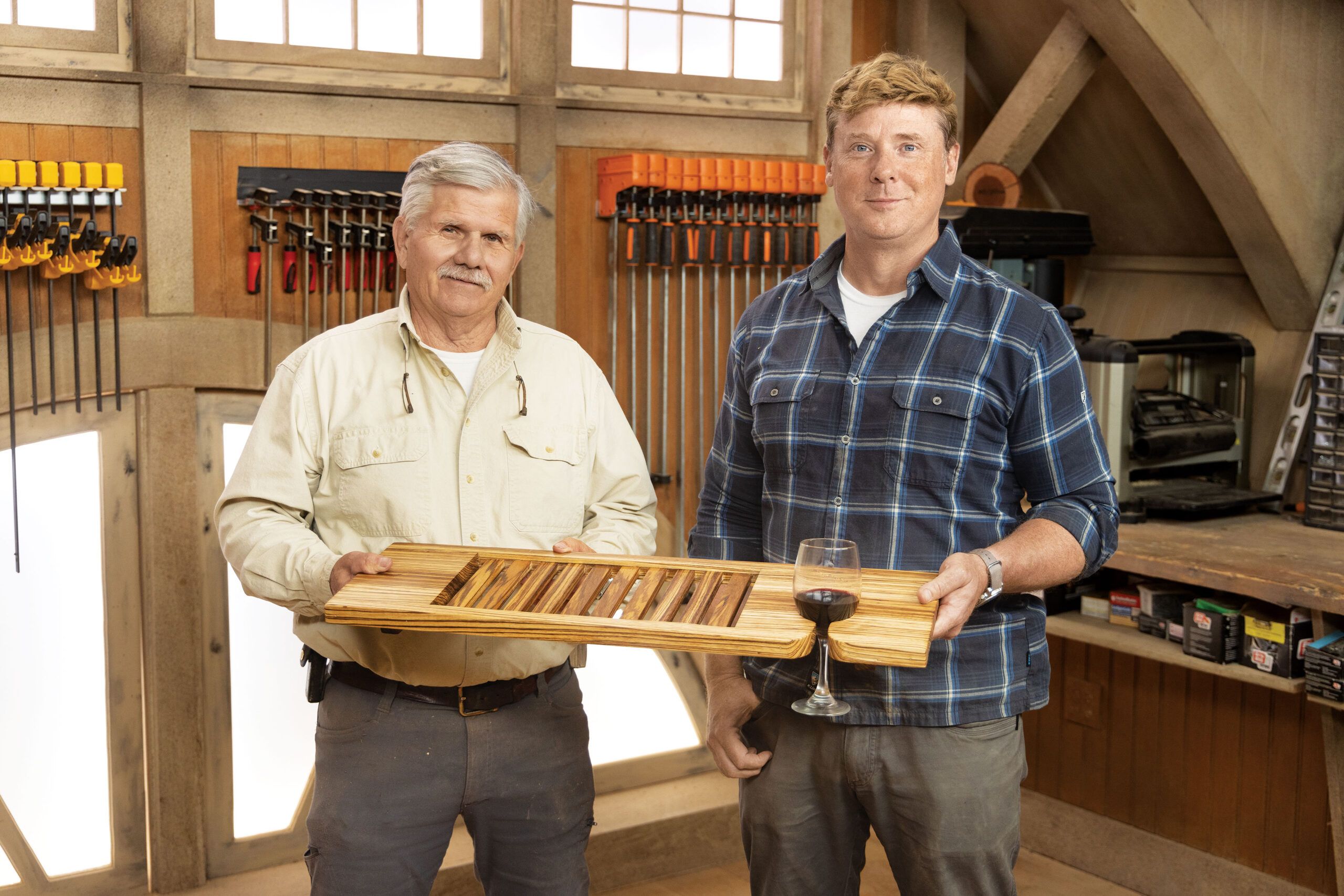 Kevin O'Connor and Tom Silva holding a finished bath tray