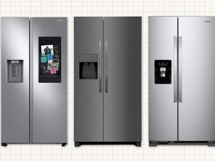 Samsung RS27T5561SR Side-by-Side Refrigerator, Frigidaire FRSS2623AS Side-by-Side Refrigerator, and Whirlpool WRS325SDHZ Side-by-Side Refrigerator isolated on an off-white grid paper background
