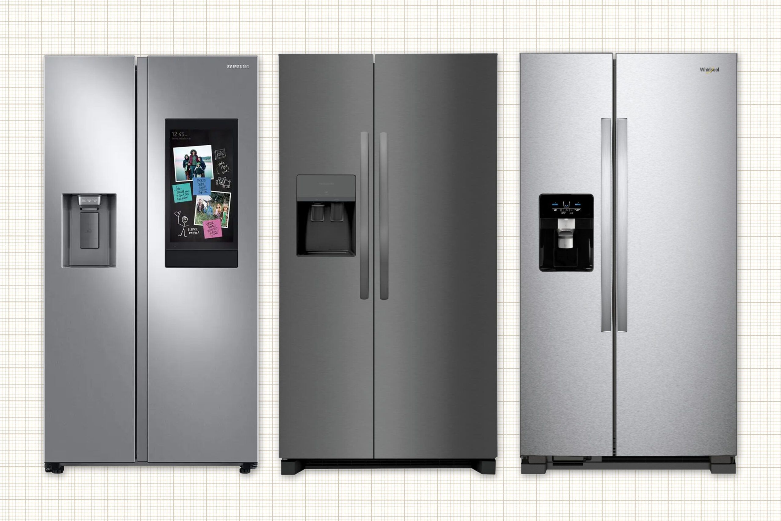 Samsung RS27T5561SR Side-by-Side Refrigerator, Frigidaire FRSS2623AS Side-by-Side Refrigerator, and Whirlpool WRS325SDHZ Side-by-Side Refrigerator isolated on an off-white grid paper background