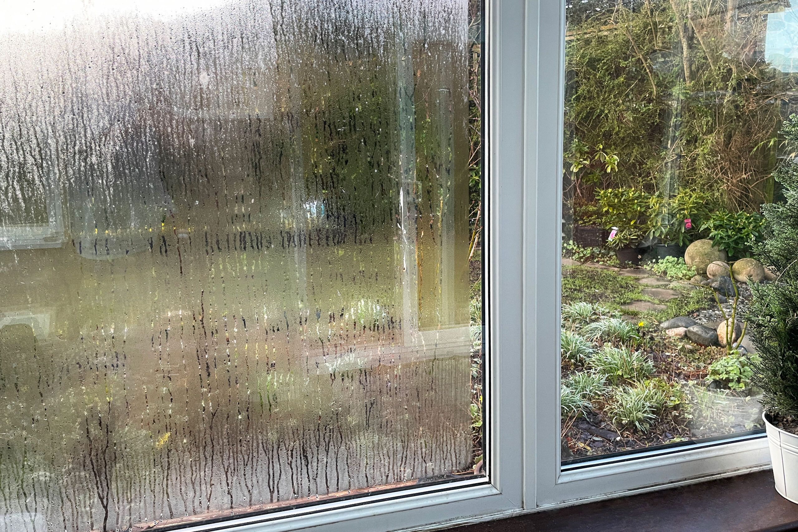 Foggy window of a sunroom