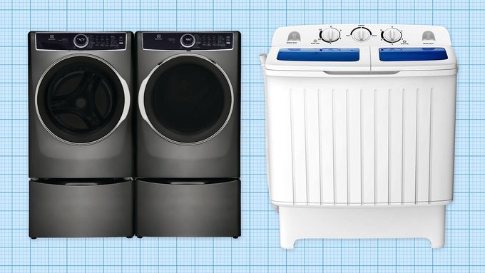 Electrolux Stackable Washer and Dryer and Costway Portable Washer-Dryer Combo against a blue graph paper backdrop; hero image for best compact washer-dryer guide