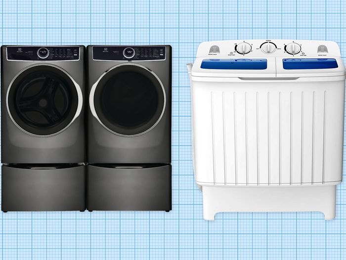 Electrolux Stackable Washer and Dryer and Costway Portable Washer-Dryer Combo against a blue graph paper backdrop; hero image for best compact washer-dryer guide