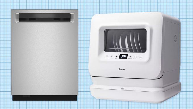 Bosch 300 Series Dishwasher and Costway Portable Countertop Dishwasher against a blue graph paper background. Lead image for dishwasher sizes guide