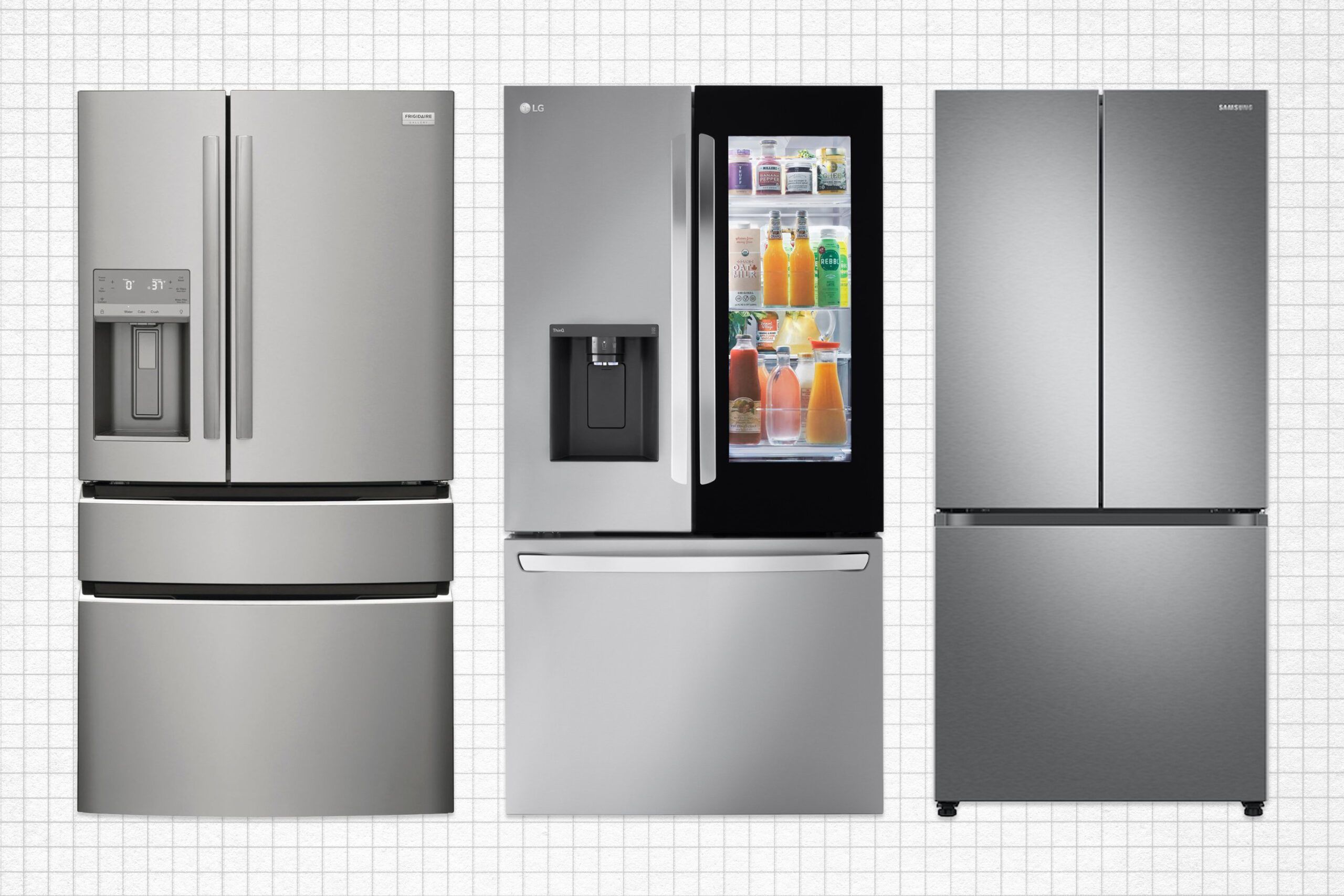 Frigidaire GRMC2273BF French Door Refrigerator, LG LRFOC2606S French Door Refrigerator, and Samsung RF25C5151SR French Door Refrigerator isolated on a white grid paper background.