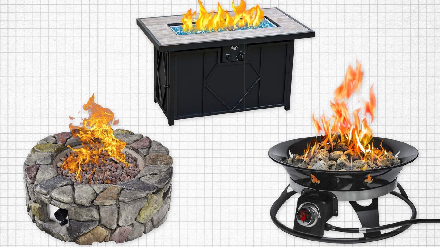 BALI Outdoors Propane Fire Pit, Giantex Propane Fire Pit, and Outland Living Propane Fire Pit isolated on a yellow grid paper background. Best propane fire pit