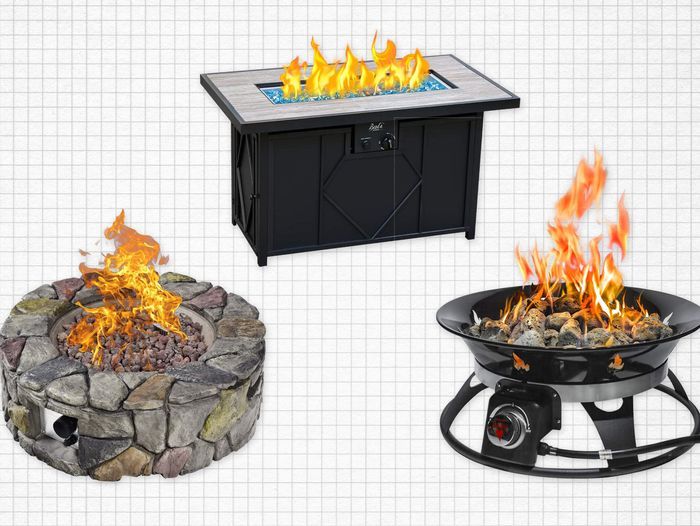 BALI Outdoors Propane Fire Pit, Giantex Propane Fire Pit, and Outland Living Propane Fire Pit isolated on a yellow grid paper background. Best propane fire pit