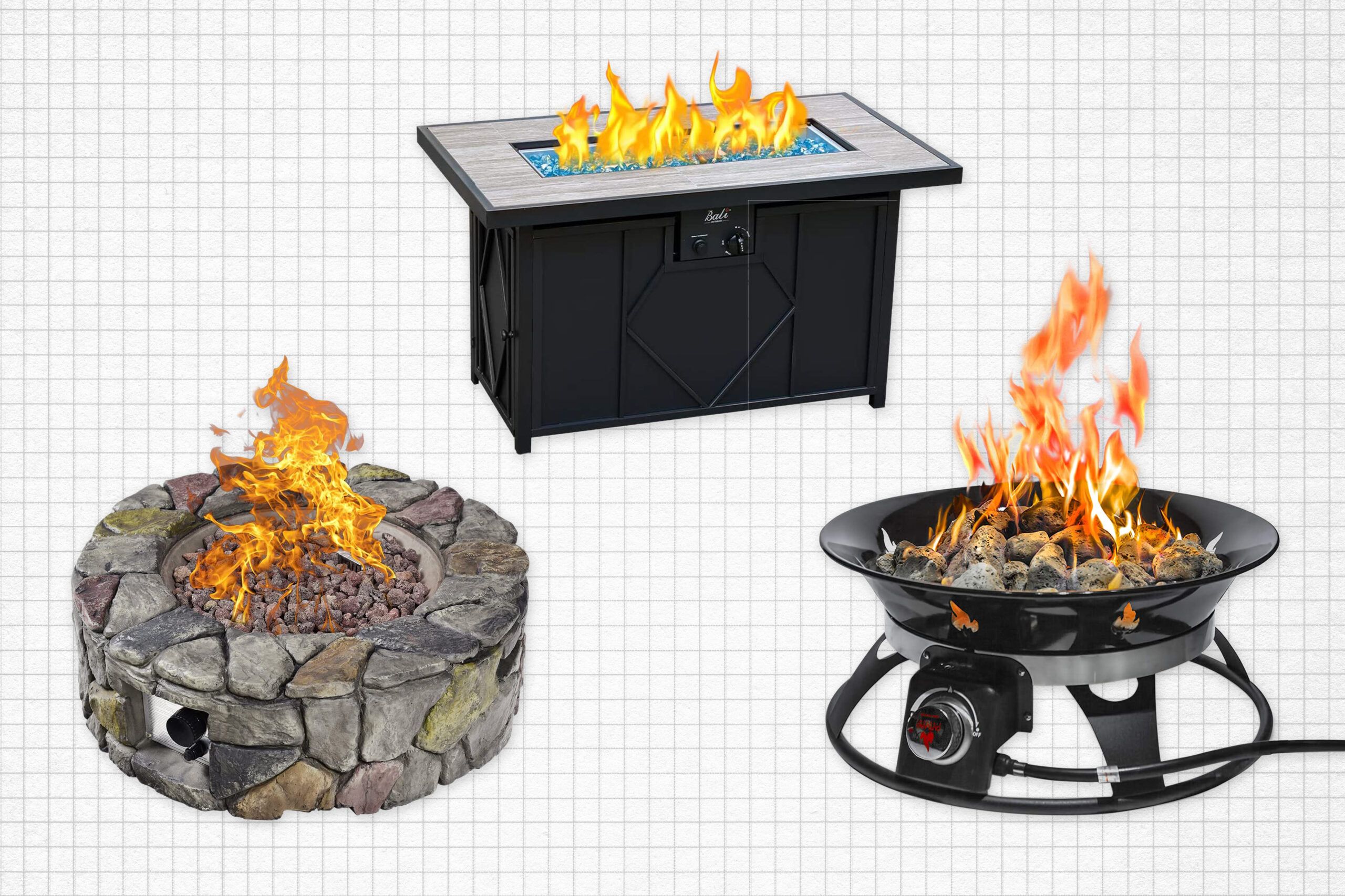 BALI Outdoors Propane Fire Pit, Giantex Propane Fire Pit, and Outland Living Propane Fire Pit isolated on a yellow grid paper background. Best propane fire pit