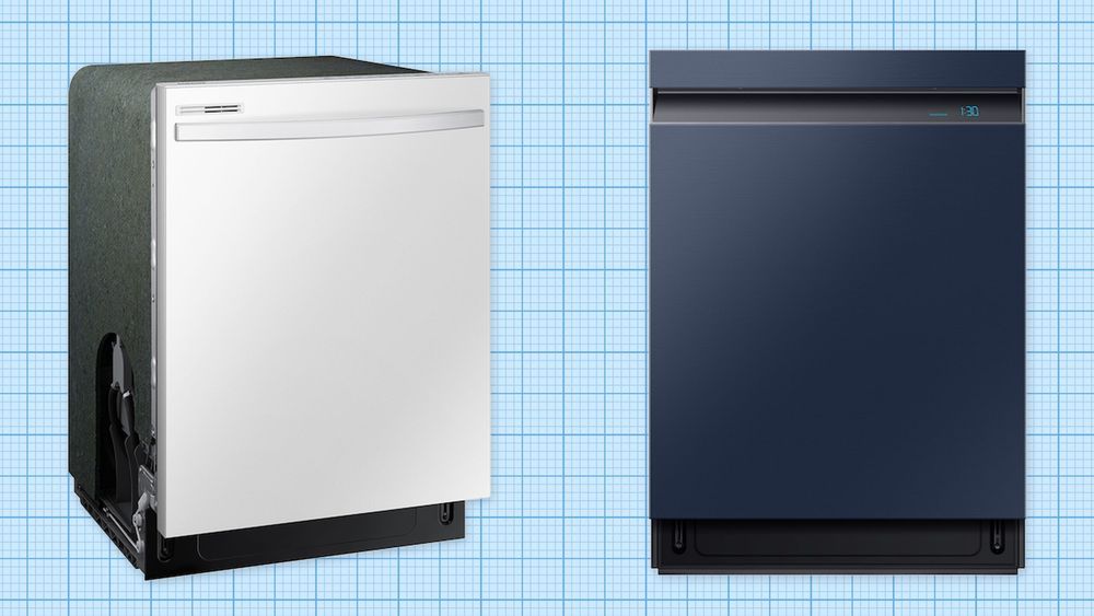 A white samsung dishwasher and a navy steel samsung dishwasher against a blue graph paper background. Lead image for Best Samsung Dishwashers guide.