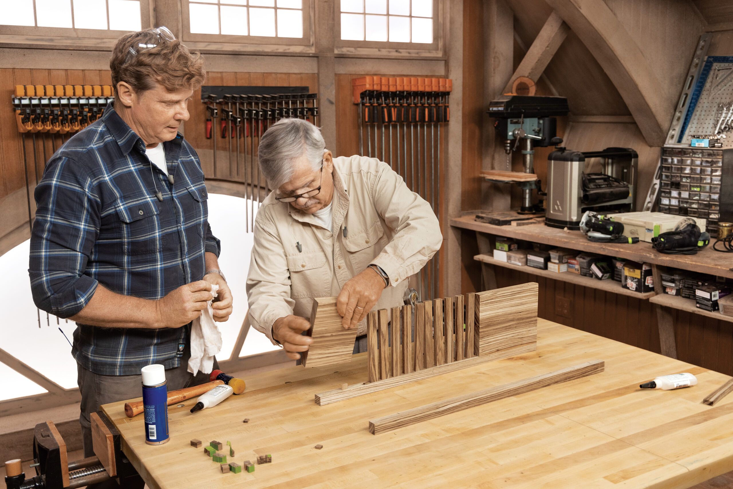 ASK, Interior, Magazine, 21, 2119, ASK, ASK This Old House, Assembly, Bath Tray, Bathtub Tray, Build It, Build It Bathtub Tray, Episode 19, Kevin O'Connor, Season 21, Tom Silva, Tray, Workshop Studio, Adult, Male, Man, Person, Wood, Woodworking