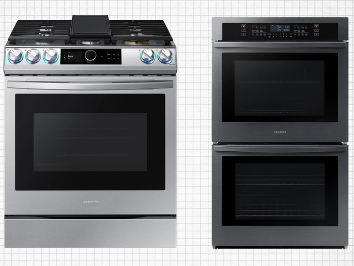 Samsung Bespoke Smart Gas Range Oven in stainless steel and Samsung Smart Double Wall Oven in black stainless steel against a grey graph paper background. Lead image for best oven guide