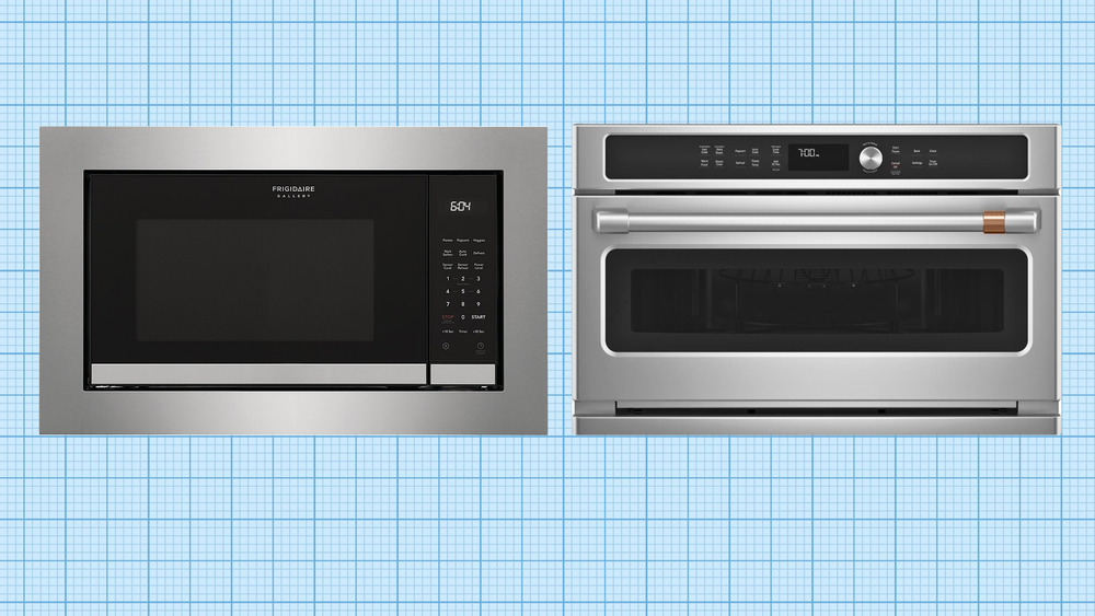 Frigidaire Gallery GMBS3068AF Built-In Microwave and Café CWB713P2NS1 Built-In Microwave against a blue graph paper background. Lead image for Best Built In Microwave