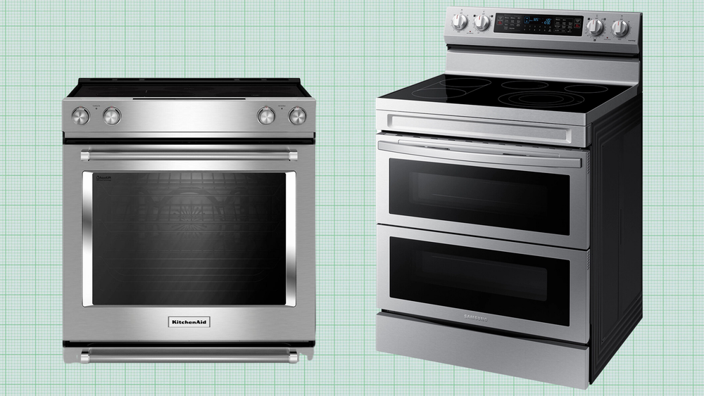 KitchenAid self-cleaning slide-in Electric Oven an Samsung Smart Slide-in Induction Electric Stove with Flex Duo against a green graph paper backdrop. lead image for Best Electric Stove and Range guide